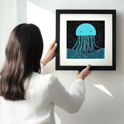 Jellyfish drifting in deep water Linoprint-Style Art (719-1)