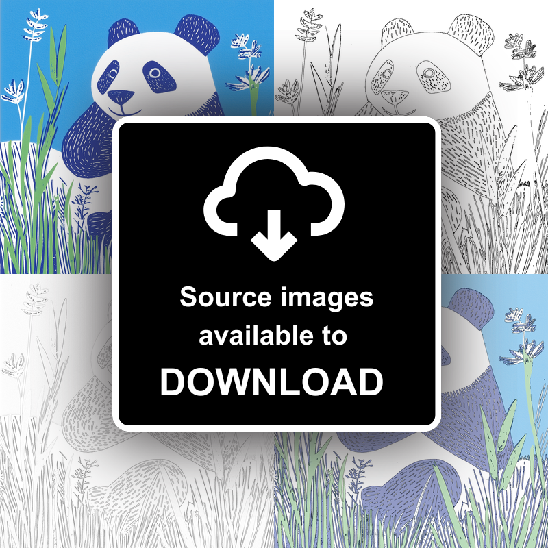 Cute Panda Cub (Giant Panda) Linoprint-Style Art (926-1)
