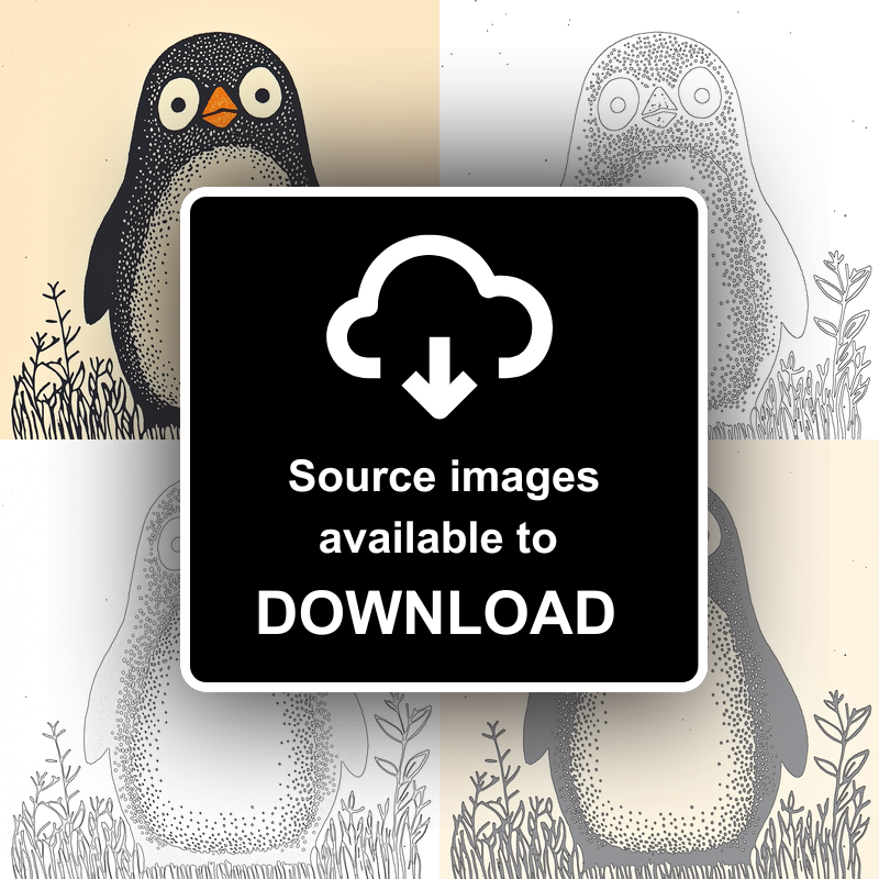 Cute Penguin Chick Linoprint-Style Art (233-1)
