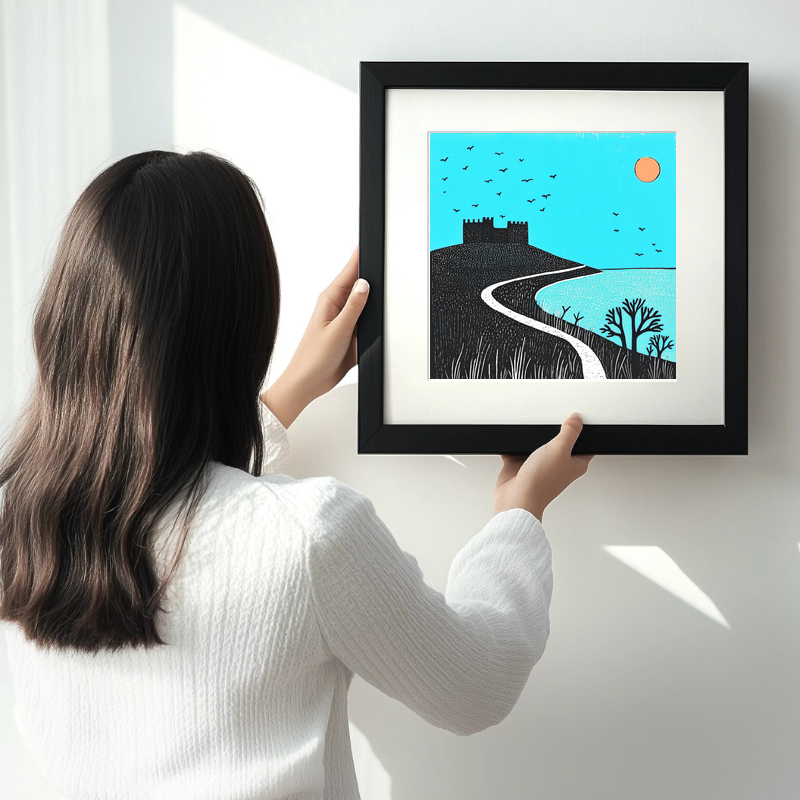 Bamburgh Beach and Castle, Northumberland Linoprint-Style Art (785-2)