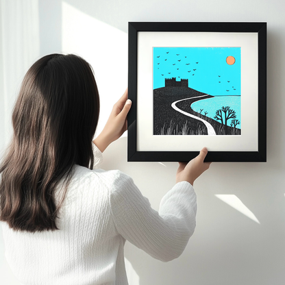 Bamburgh Beach and Castle, Northumberland Linoprint-Style Art (785-2)