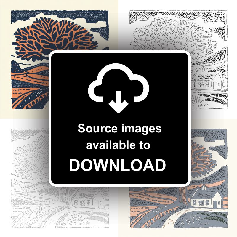 Oak tree with squirrel Linoprint-Style Art (102-2)
