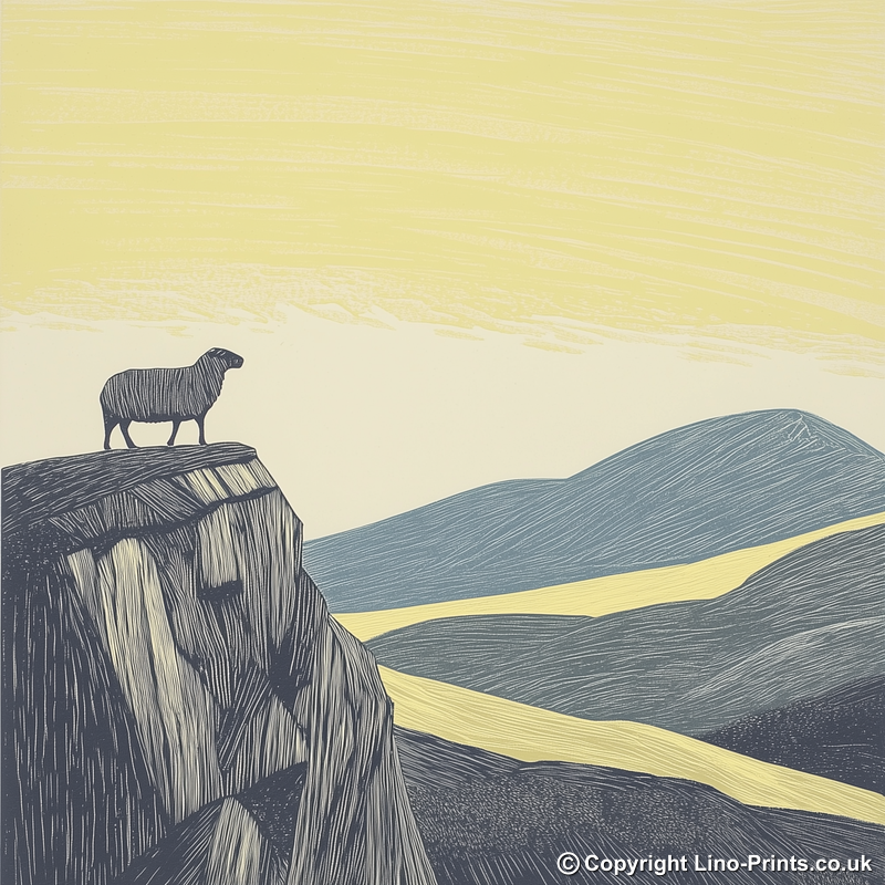 Herdwick sheep silhouette profile on a rise Linoprint-Style Art (2450-2)