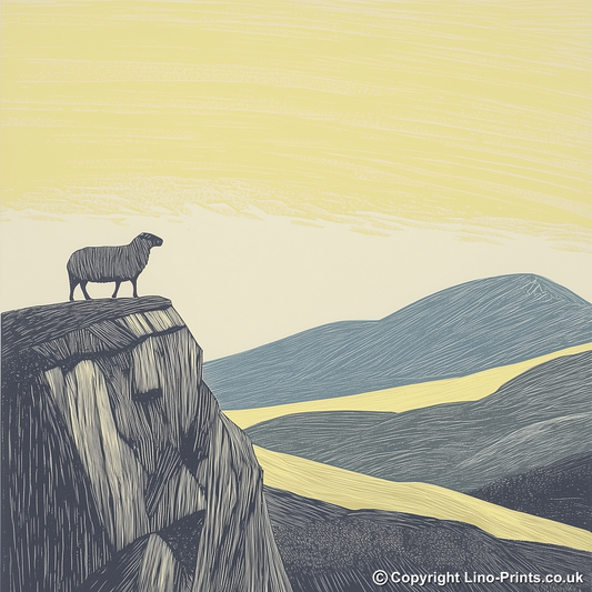 Herdwick sheep silhouette profile on a rise Linoprint-Style Art (2450-2)