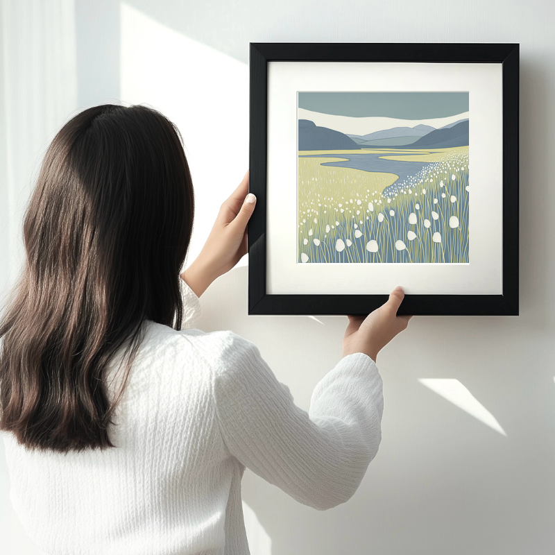 Cotton grass bog Linoprint-Style Art (2394-1)