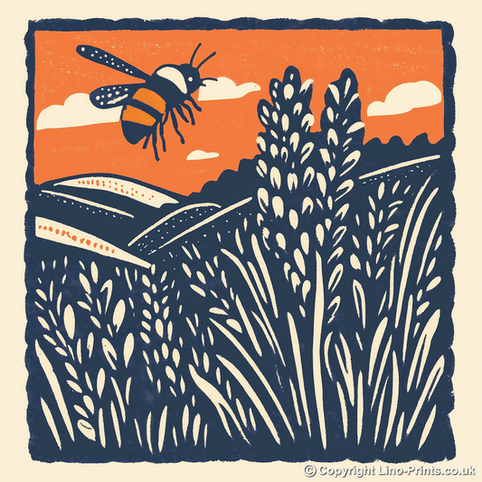 Bumblebee on lavender Linoprint-Style Art (87-1)