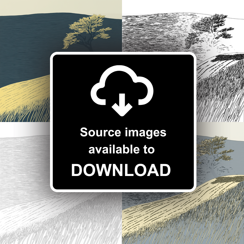 Lone windswept tree silhouette on a hill Linoprint-Style Art (2480-1)