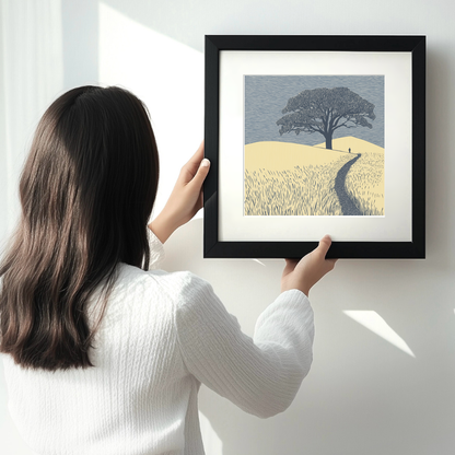 Wall silhouette leading towards a silhouetted tree Linoprint-Style Art (2593-2)
