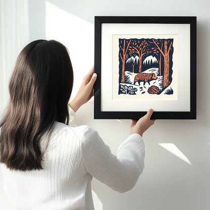 Wild boar in forest Linoprint-Style Art (117-1)