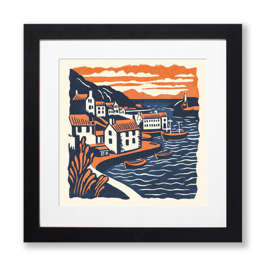 Portree Harbour, Isle of Skye Linoprint-Style Art (148-1)