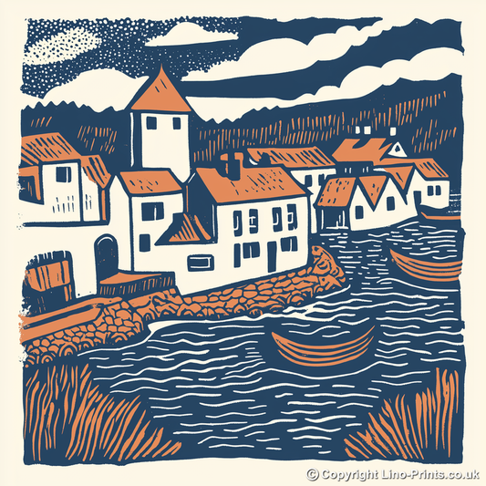 Crail Harbour, Fife Linoprint-Style Art (131-1)