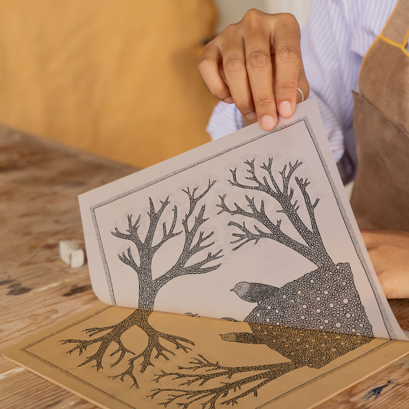 Brambles with birds nesting Linoprint-Style Art (248-1)