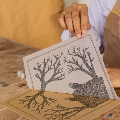 Brambles with birds nesting Linoprint-Style Art (248-1)