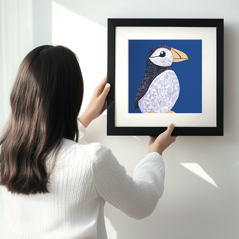 Cute Puffin/Puffling   Linoprint-Style Art (929-1)