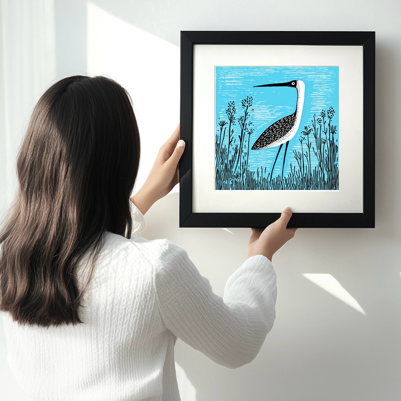 Heron in marshland Linoprint-Style Art (718-1)