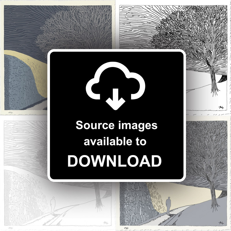 Wall silhouette leading towards a silhouetted tree Linoprint-Style Art (2593-3)