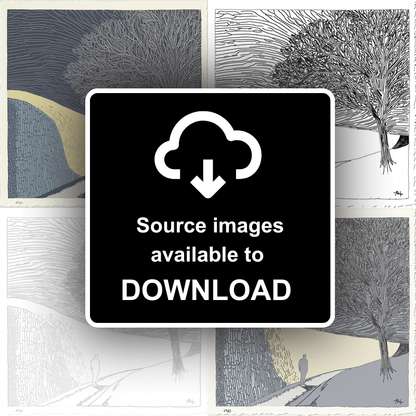 Wall silhouette leading towards a silhouetted tree Linoprint-Style Art (2593-3)