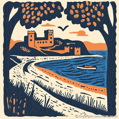 Bamburgh Beach and Castle, Northumberland Linoprint-Style Art (122-1)