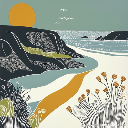 Porthcurno Beach Linoprint-Style Art (1186-2)