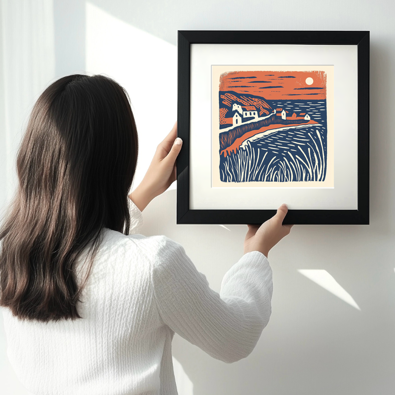 Bigbury-on-Sea and Burgh Island, Devon Linoprint-Style Art (125-1)