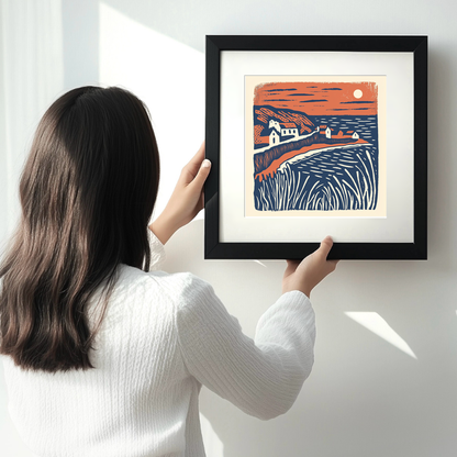 Bigbury-on-Sea and Burgh Island, Devon Linoprint-Style Art (125-1)