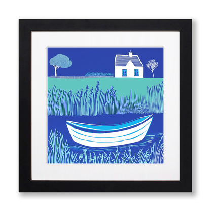 Norfolk Broads boat on still water Linoprint-Style Art (1809-1)