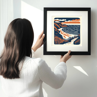 Rhossili Bay, Gower Peninsula Linoprint-Style Art (149-1)