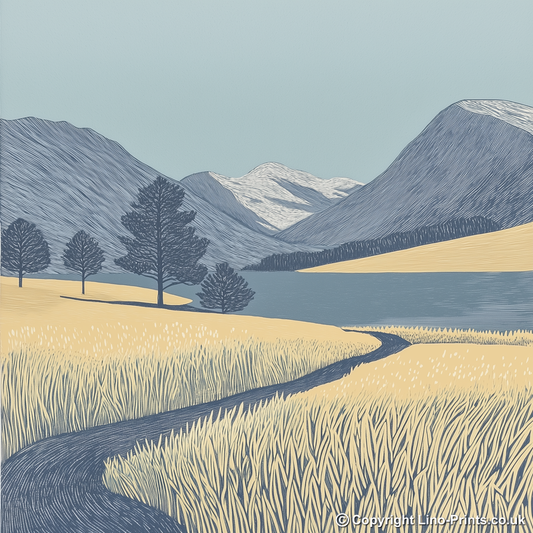 Buttermere lone pines in the Lake District Linoprint-Style Art (2378-1)