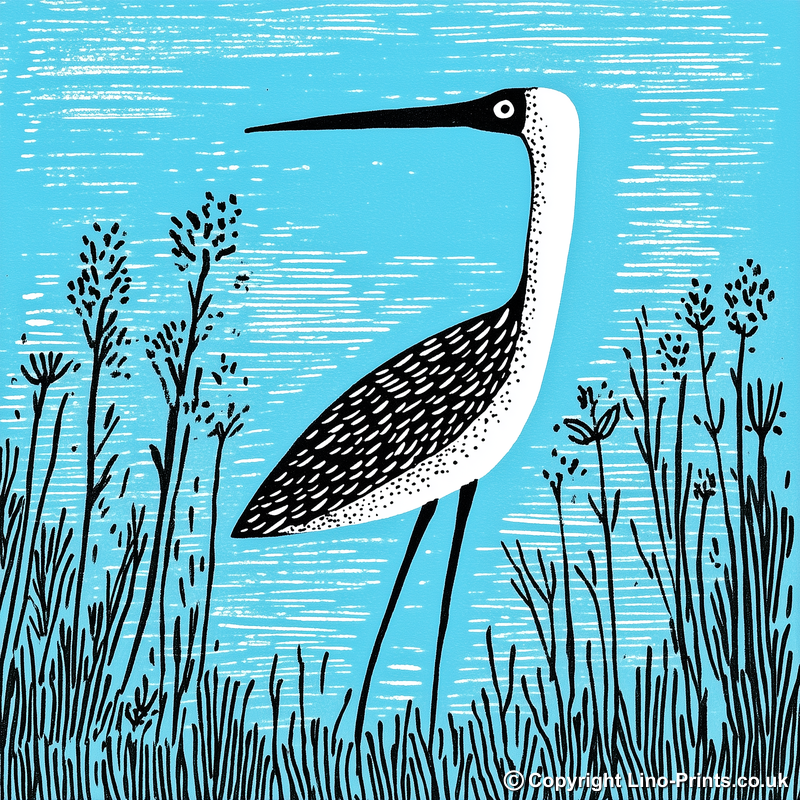 Heron in marshland Linoprint-Style Art (718-1)
