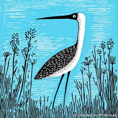 Heron in marshland Linoprint-Style Art (718-1)