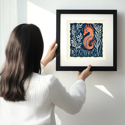 Seahorse in seaweed Linoprint-Style Art (109-1)