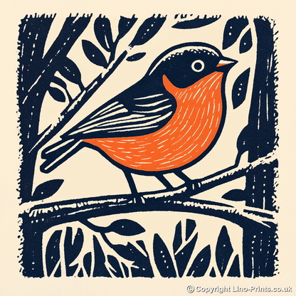 Robin on frosty branch Linoprint-Style Art (107-1)