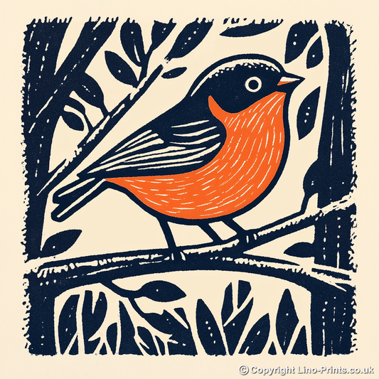 Robin on frosty branch Linoprint-Style Art (107-1)
