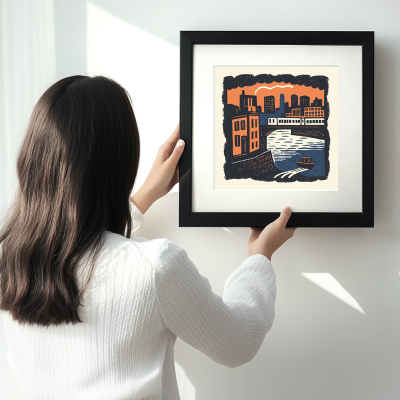 Chicago elevated train tracks Linoprint-Style Art (7-1)