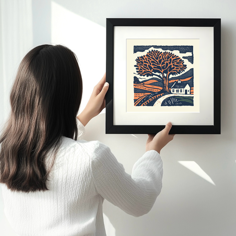 Oak tree with squirrel Linoprint-Style Art (102-2)