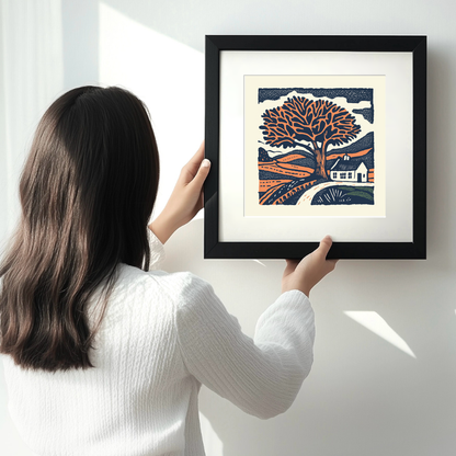 Oak tree with squirrel Linoprint-Style Art (102-2)