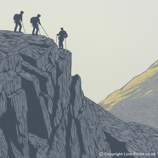 Climbers on a rock face silhouette Linoprint-Style Art (2387-1)