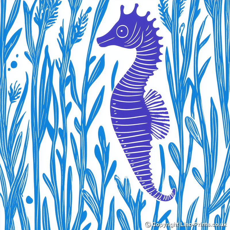 Seahorse in seaweed Linoprint-Style Art (1023-2)
