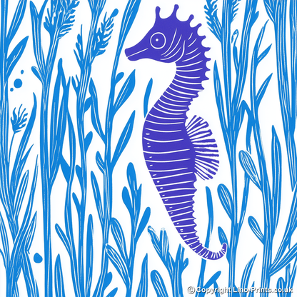 Seahorse in seaweed Linoprint-Style Art (1023-2)