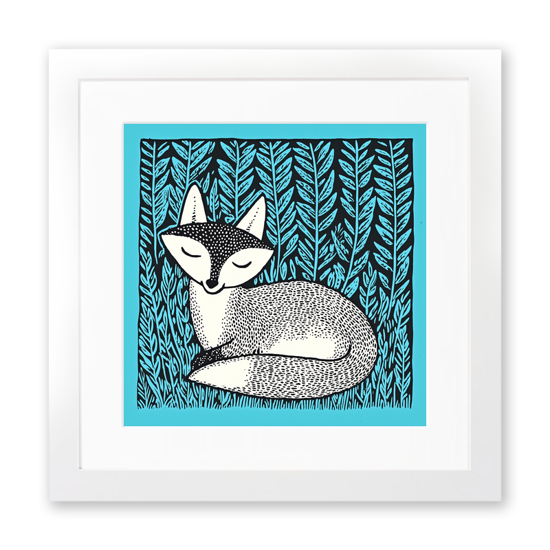 Ferns with resting fox Linoprint-Style Art (713-1)