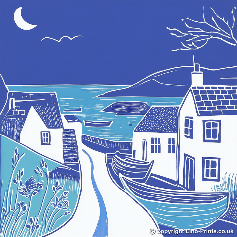 Coverack, Cornwall Linoprint-Style Art (1084-1)