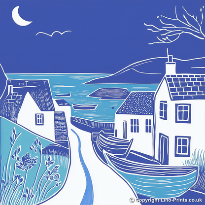 Coverack, Cornwall Linoprint-Style Art (1084-1)