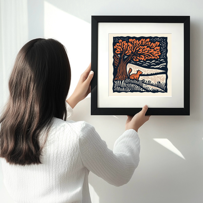 Oak tree with squirrel Linoprint-Style Art (102-3)