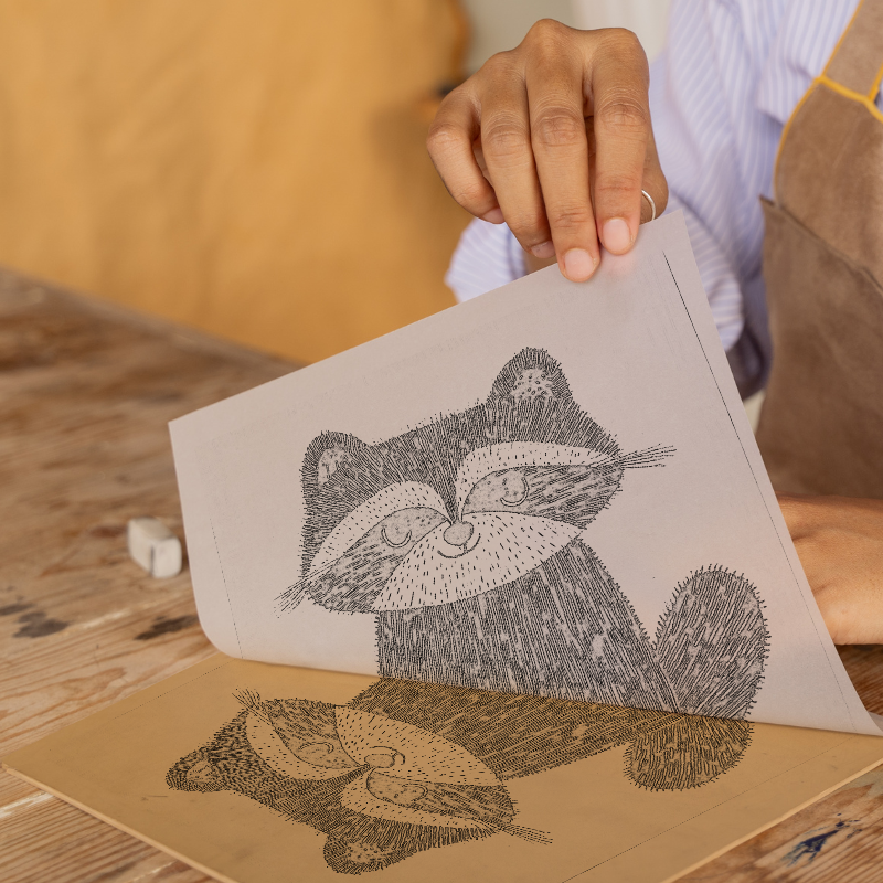 Cute Raccoon Kit Linoprint-Style Art (640-1)