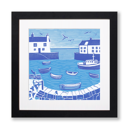 Mousehole Harbour Linoprint-Style Art (891-1)