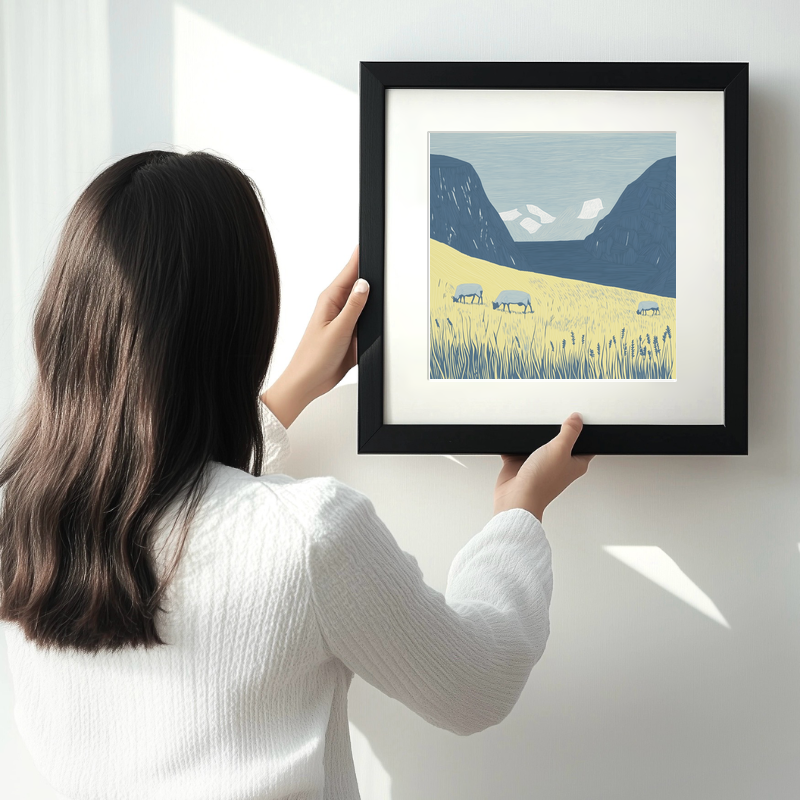 Sheep grazing below silhouetted crags Linoprint-Style Art (2541-3)