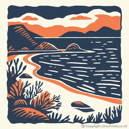 Camusdarach Beach, Arisaig Linoprint-Style Art (128-1)