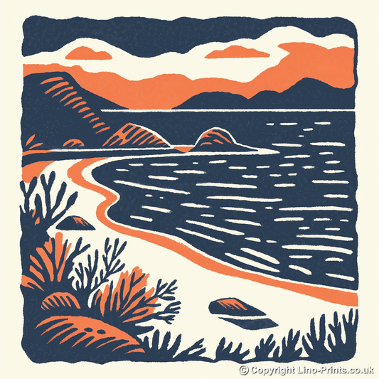 Camusdarach Beach, Arisaig Linoprint-Style Art (128-1)