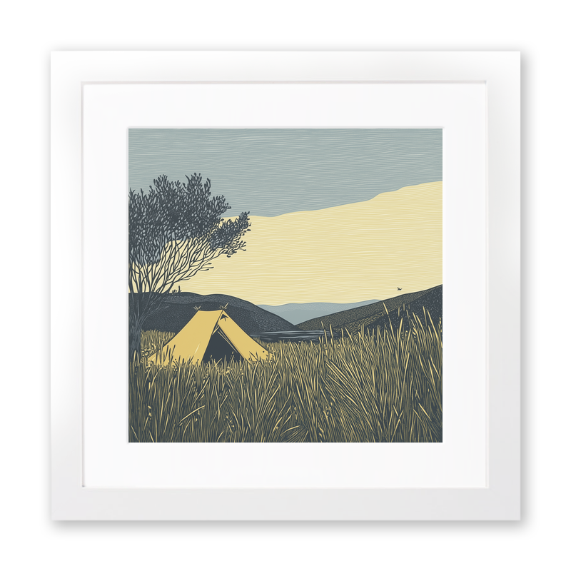 Wild campers tent at dawn silhouette Linoprint-Style Art (2602-2)