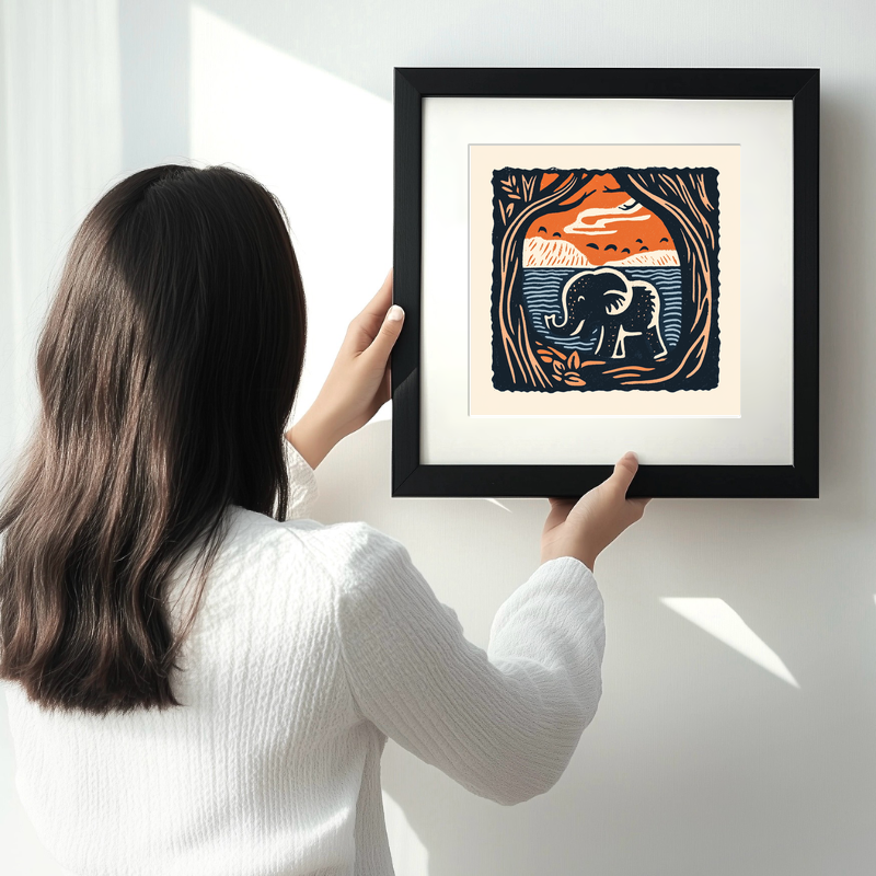 Cute Elephant Calf Linoprint-Style Art (54-1)